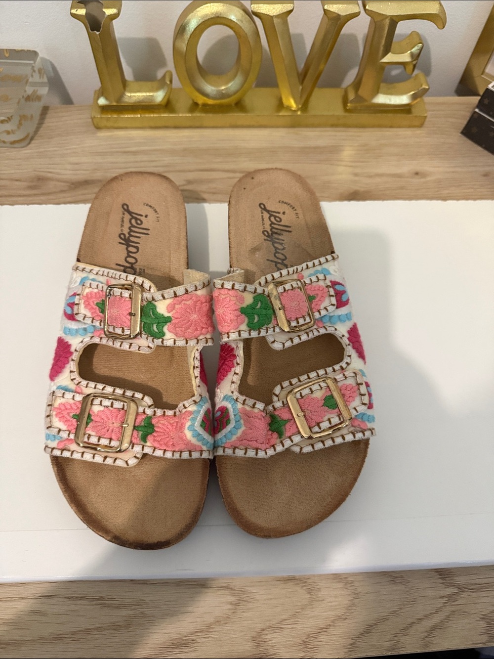 Jellypop Pink Multicolor Embroidered Buckle Slide Sandals